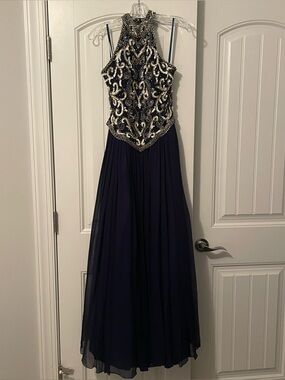 Alyce Designs Navy Blue Gold Beaded Halter Evening Prom Pageant Gown
